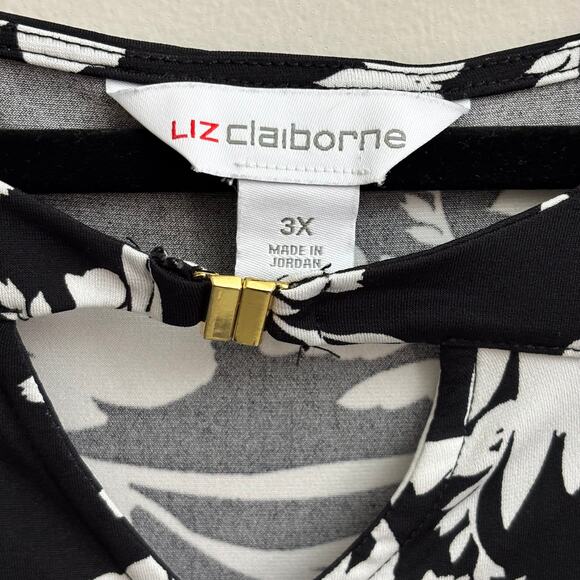 Liz Claiborne Black & White Floral 3/4 Sleeve Crew Neck Blouse Plus Size 3X - Picture 2 of 7